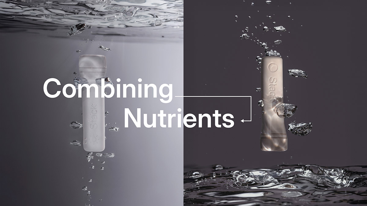 Stack Day and Night vitamins with water showing nutrient synergy